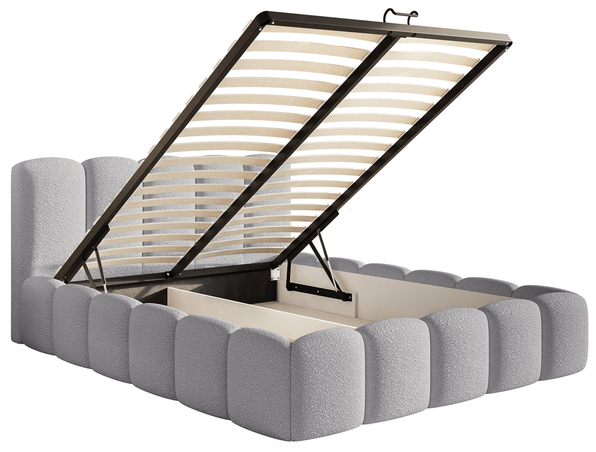 Gepolstertes Bett 180x200 cm Cloudy II mit Stauraum, grauer Bouclé, Metallrahmen