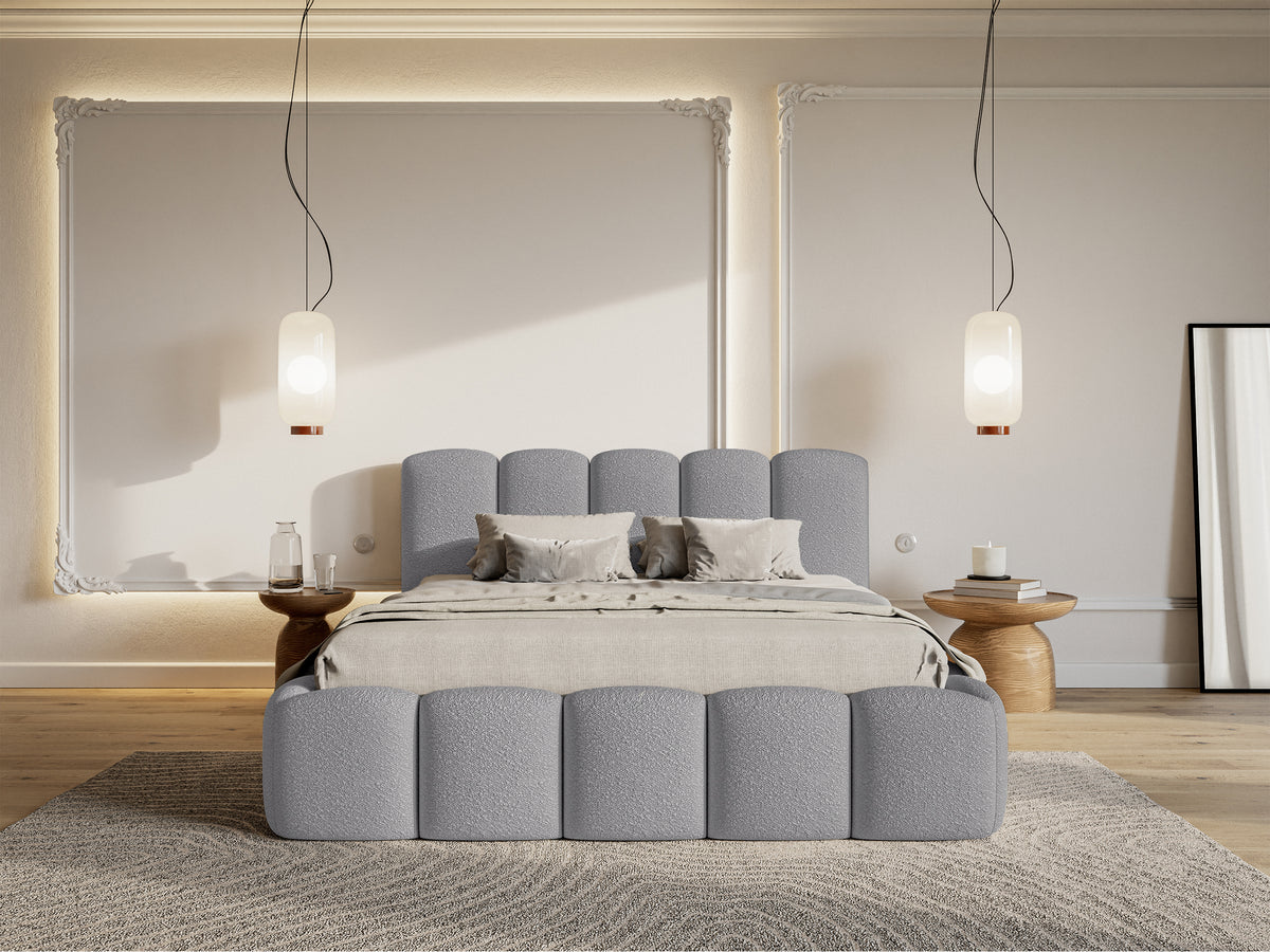 Gepolstertes Bett 180x200 cm Cloudy II mit Stauraum, grauer Bouclé, Metallrahmen