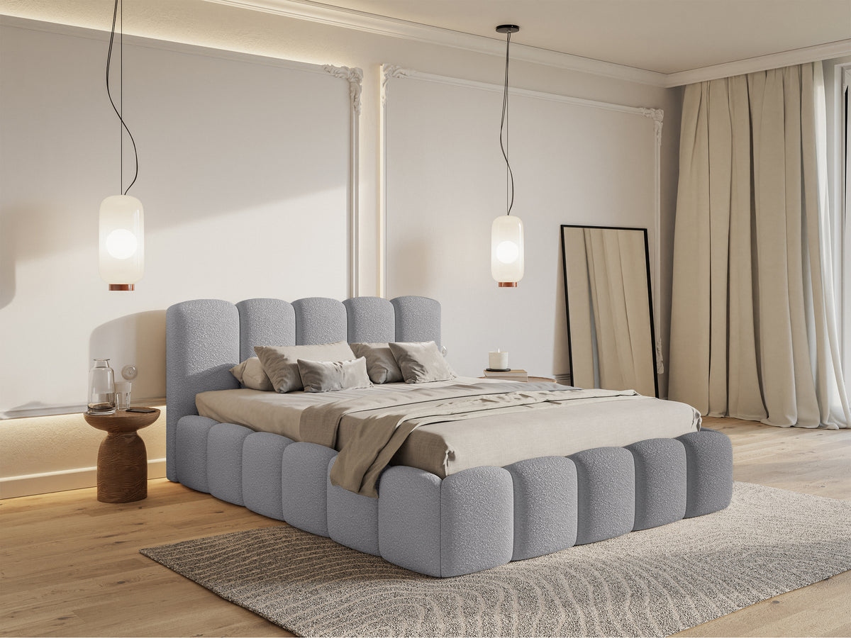 Gepolstertes Bett 180x200 cm Cloudy II mit Stauraum, grauer Bouclé, Metallrahmen
