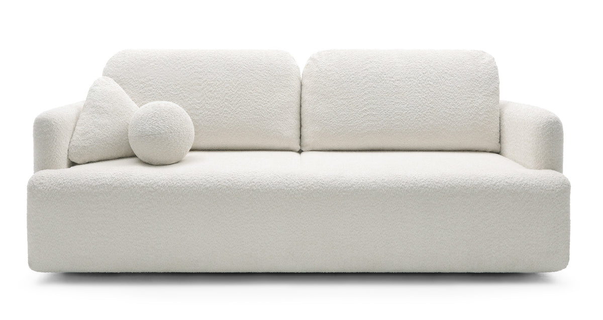 Dreisitziges ausklappbares Sofa Lambina mit Stauraum, cremefarbenes Bouclé