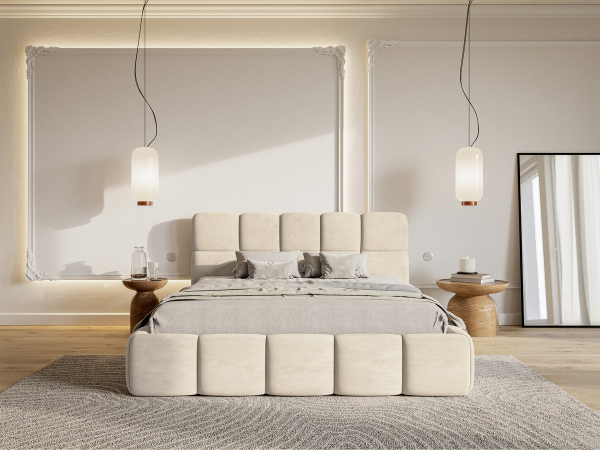 Polsterbett 160x200 cm Cloudy mit Stauraum, hellbeiger Samt, hydrophob und leicht zu reinigen, Metallrahmen