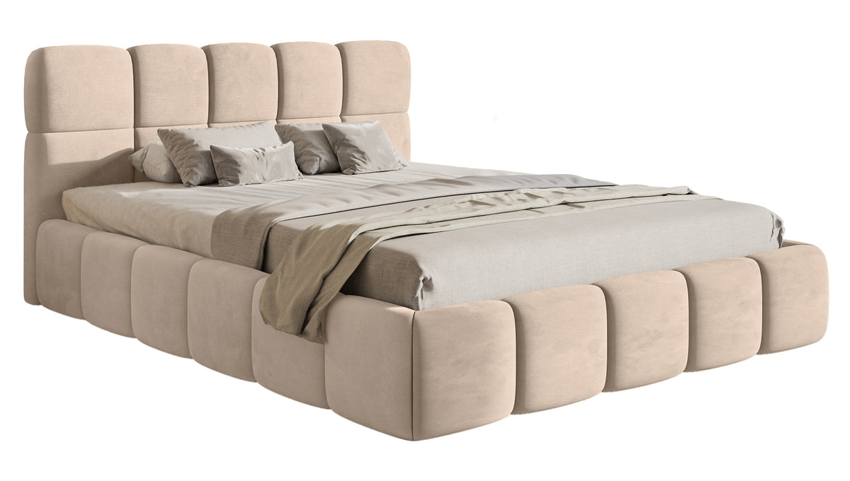 Polsterbett 160x200 cm Cloudy mit Stauraum, beige, Velours, wasserabweisend, pflegeleicht, Metallrahmen