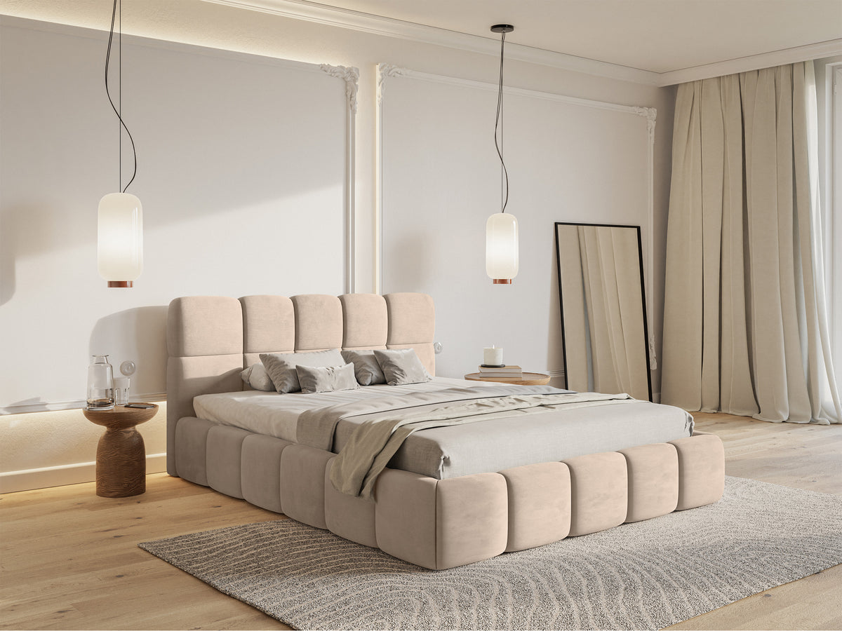 Lit tapissé 180x200 cm Cloudy avec rangement, velours beige hydrofuge et facile à nettoyer, cadre métallique