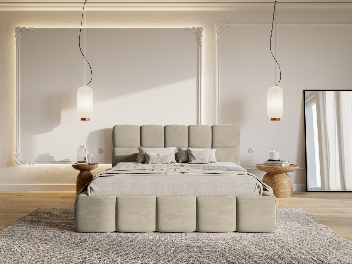 Lit tapissé 180x200 cm Cloudy velours hydrofuge gris beige facile à nettoyer