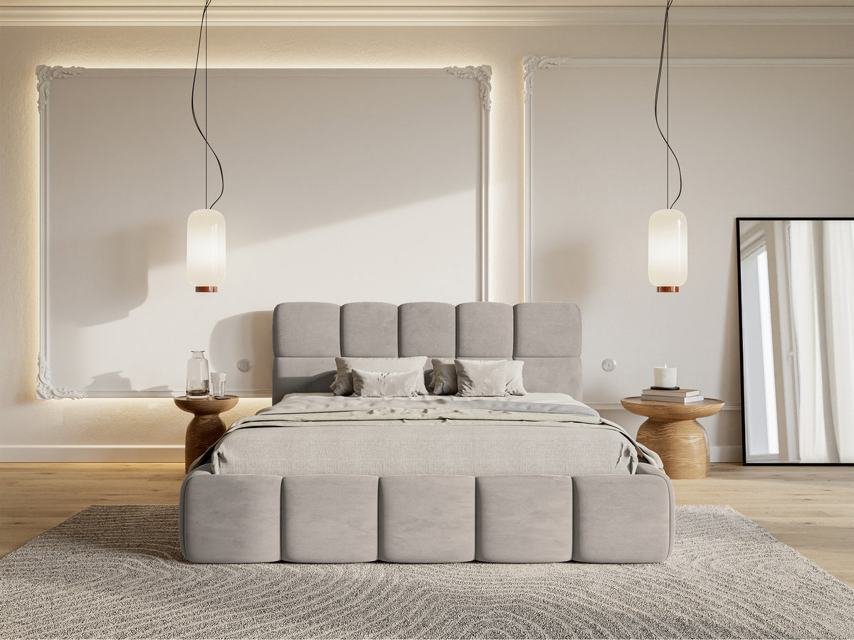 Lit tapissé 140x200 cm Cloudy avec rangement, velours hydrofuge gris clair, facile à nettoyer, cadre métallique