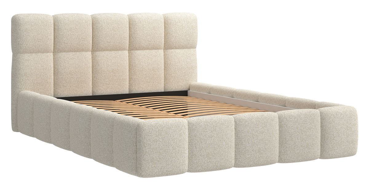 Polsterbett 140x200 cm Cloudy mit Stauraum, hellbeige Geflecht, Metallrahmen