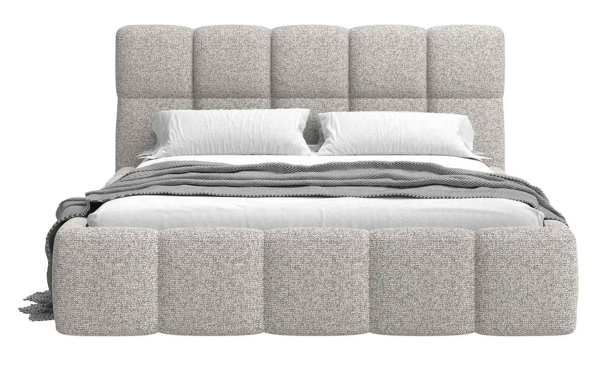 Polsterbett 140x200 cm Cloudy mit Stauraum, grau-beige Flechtmuster, Metallrahmen