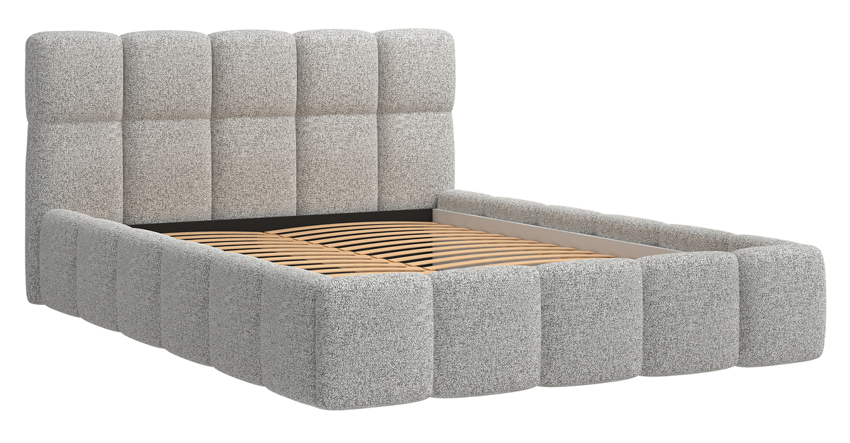 Lit tapissé 160x200 cm Cloudy avec rangement, tissage gris clair, cadre métallique