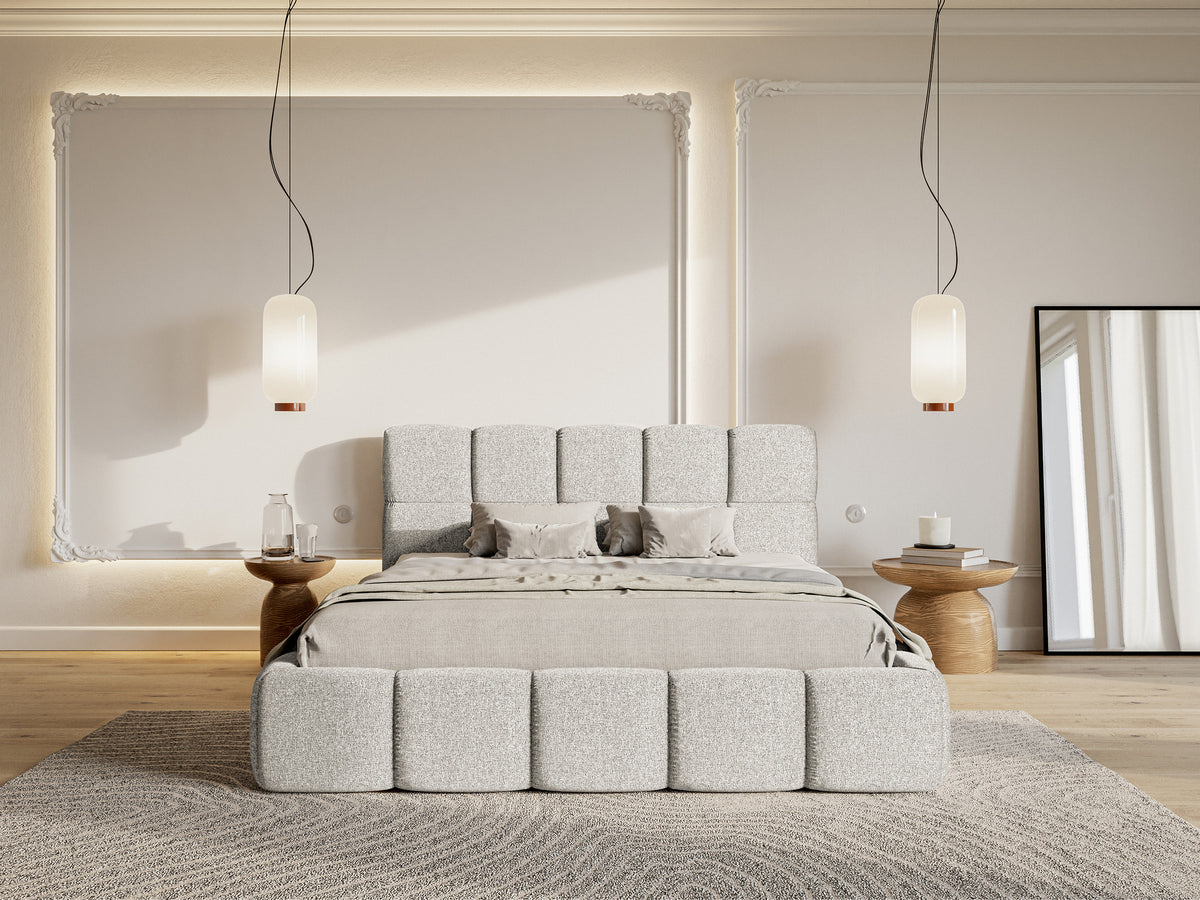 Lit tapissé 140x200 cm Cloudy avec rangement, chenille hydrofuge gris clair