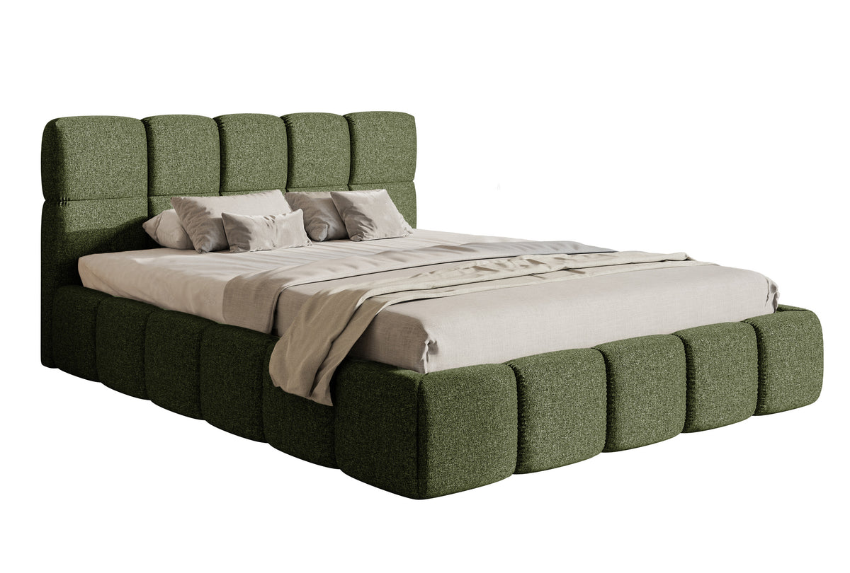 Lit tapissé 160x200 cm Cloudy avec rangement, tissu chenille hydrofuge olive