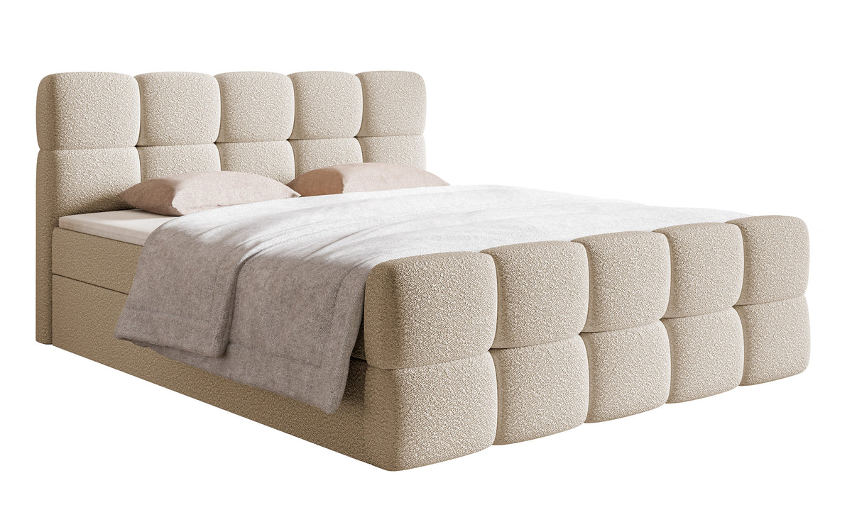 Kontinentalbett 160x200 cm Cloudy mit Stauraum und Topper, hellbeiges Bouclé