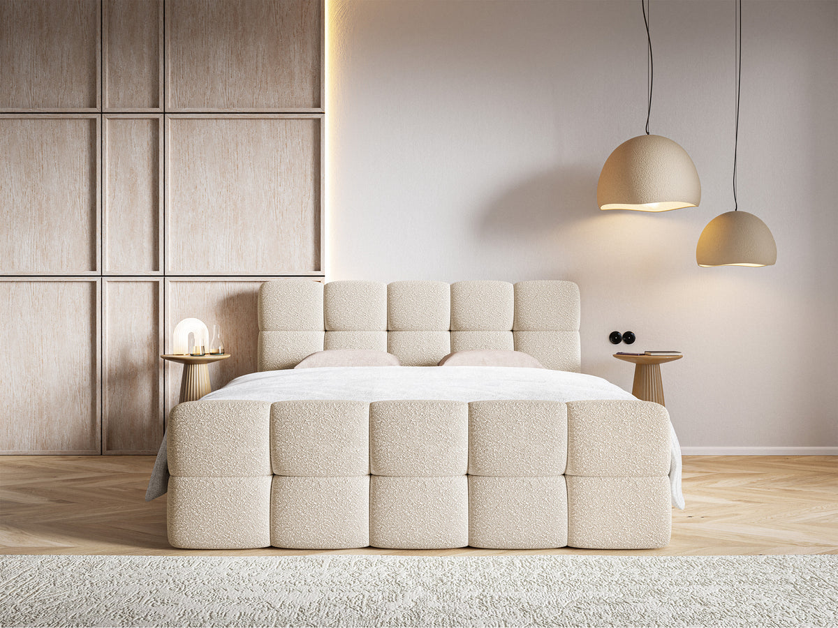 Kontinentalbett 160x200 cm Cloudy mit Stauraum und Topper, hellbeiges Bouclé