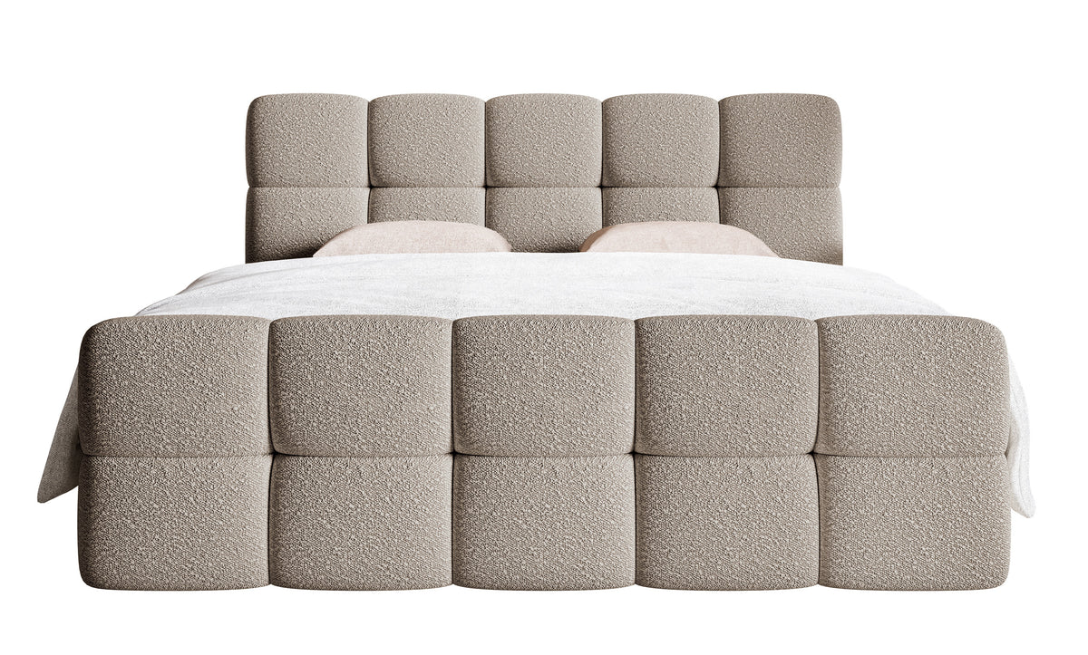 Lit continental 160x200 cm Cloudy avec rangements et surmatelas en boucle gris-beige