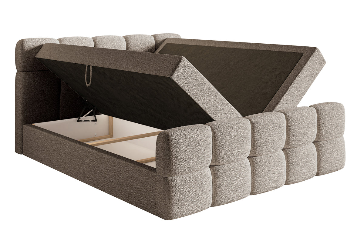 Lit continental 160x200 cm Cloudy avec rangements et surmatelas en boucle gris-beige