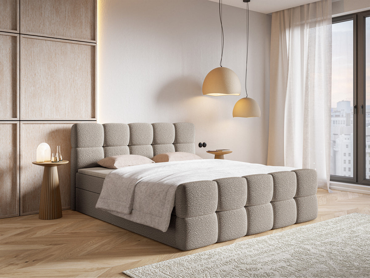 Lit continental 160x200 cm Cloudy avec rangements et surmatelas en boucle gris-beige