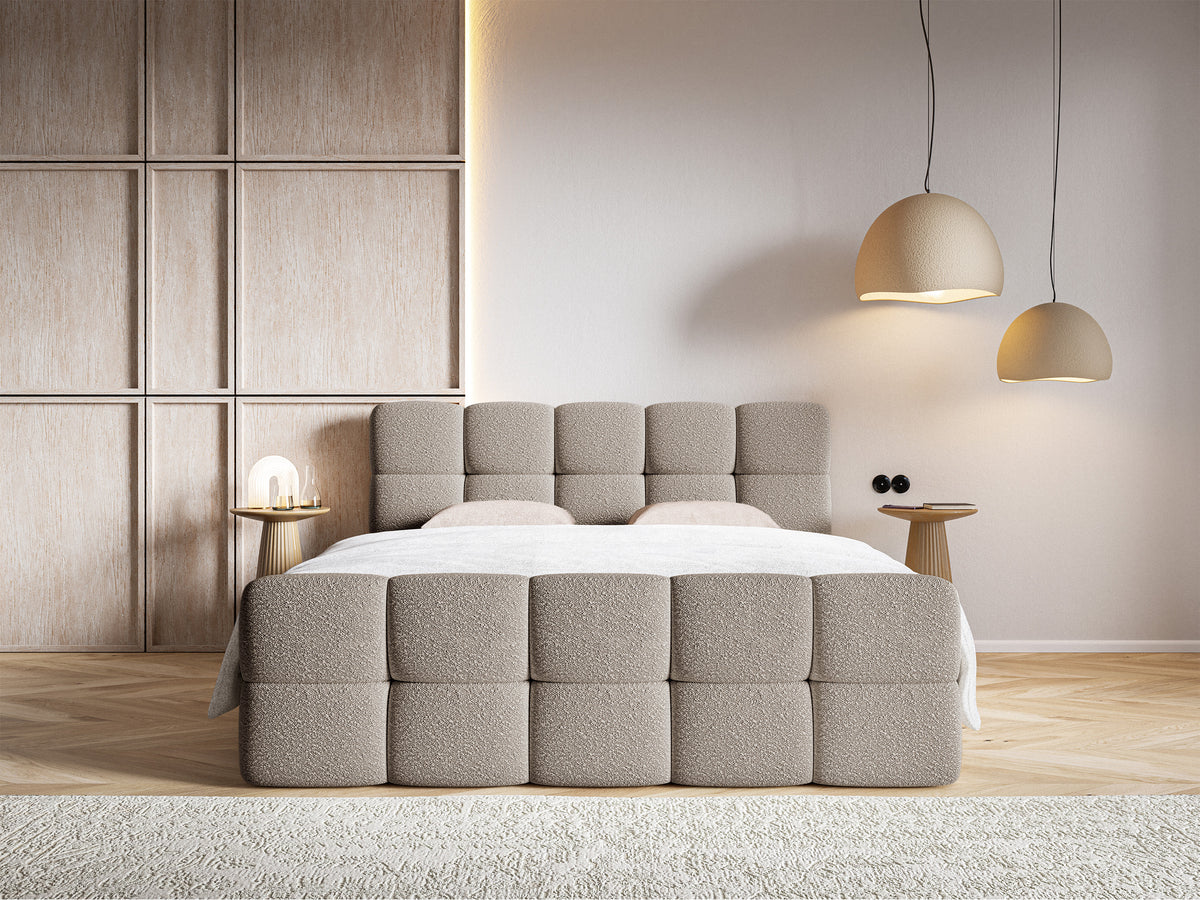 Lit continental 160x200 cm Cloudy avec rangements et surmatelas en boucle gris-beige