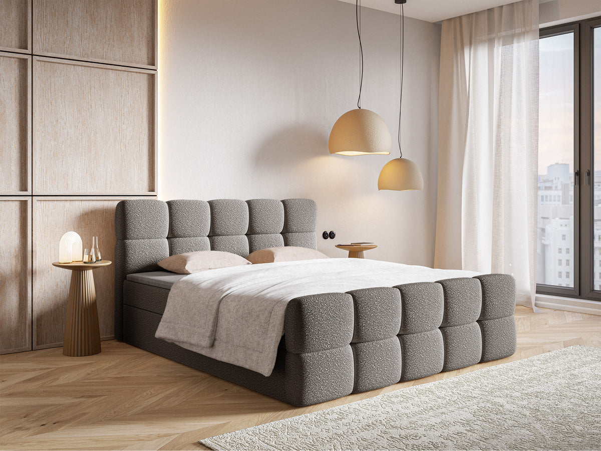 Lit continental 180x200 cm Cloudy avec rangements et surmatelas en boucle gris