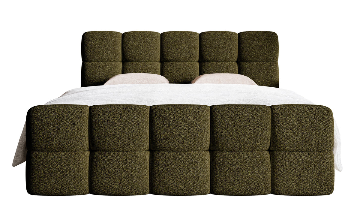 Kontinentales Bett 140x200 cm Cloudy mit Stauraum und Topper, olivfarbenes Bouclé