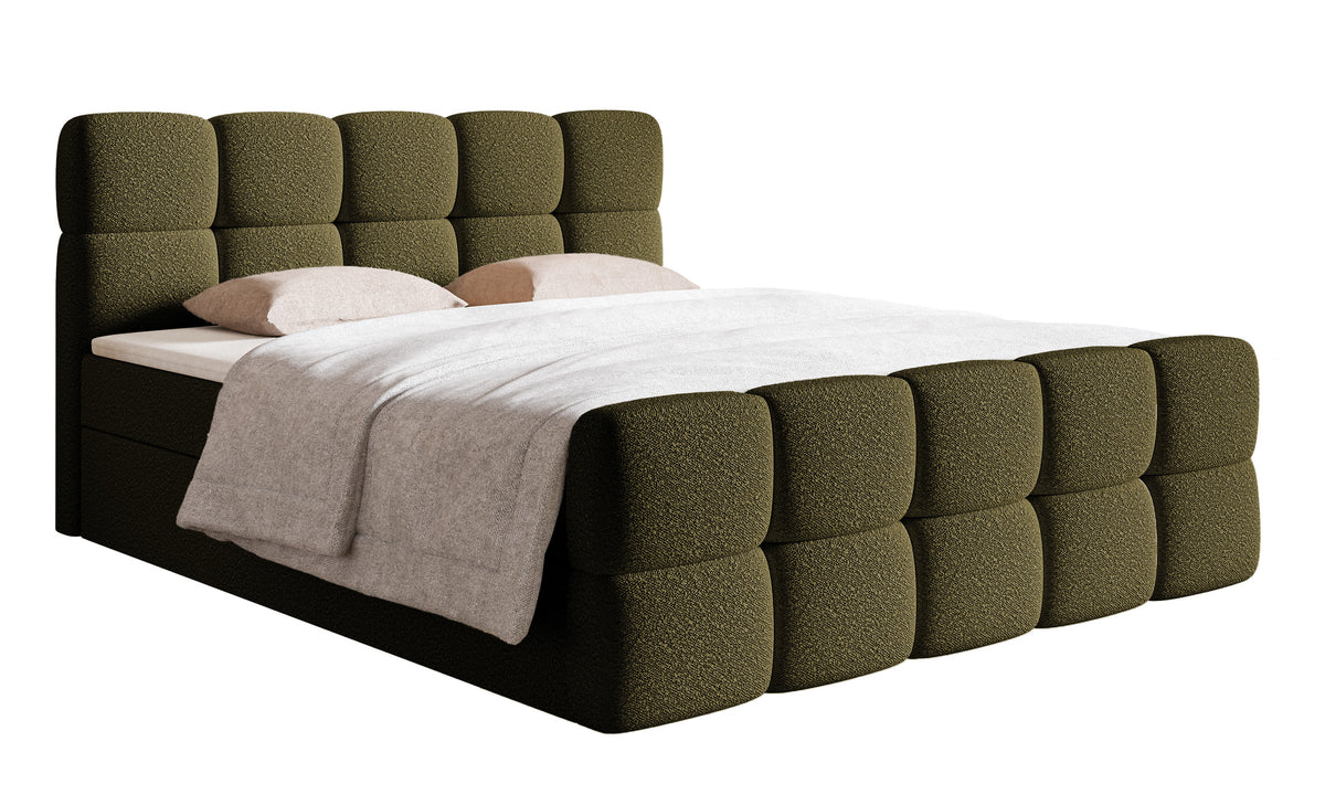 Kontinentales Bett 140x200 cm Cloudy mit Stauraum und Topper, olivfarbenes Bouclé