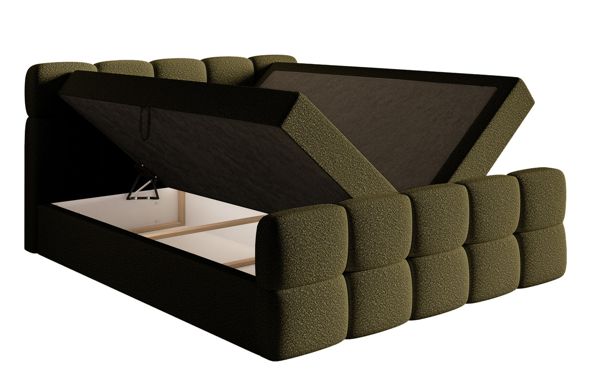 Kontinentales Bett 140x200 cm Cloudy mit Stauraum und Topper, olivfarbenes Bouclé