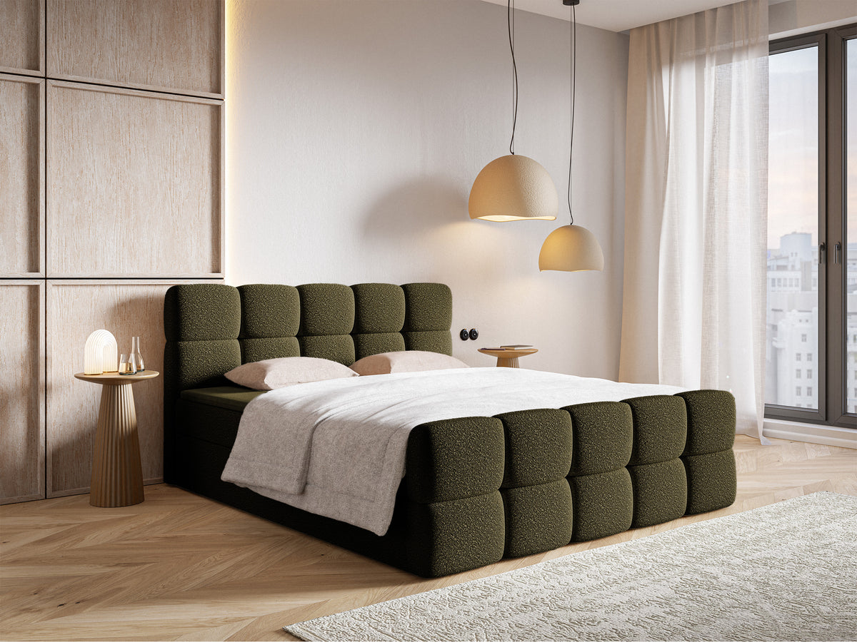 Kontinentales Bett 140x200 cm Cloudy mit Stauraum und Topper, olivfarbenes Bouclé