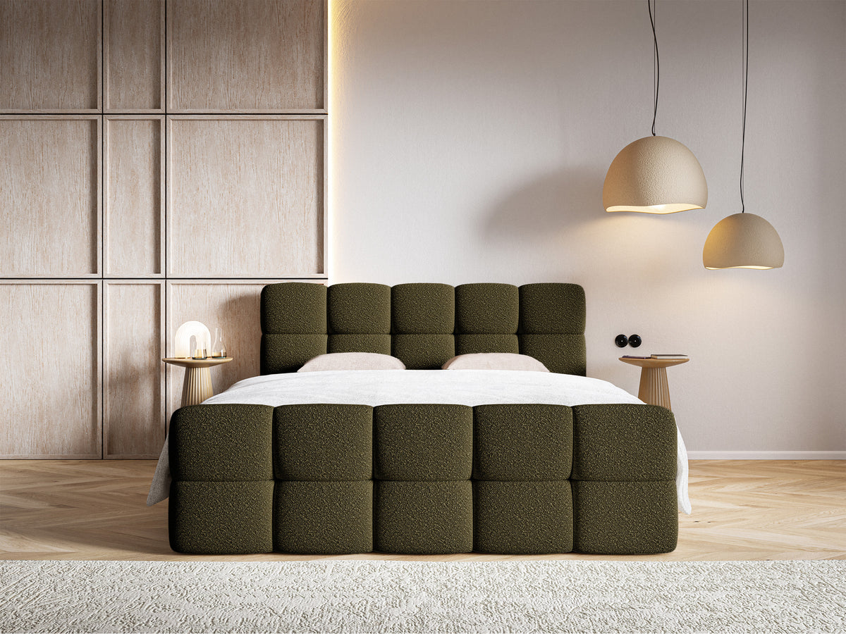 Kontinentales Bett 140x200 cm Cloudy mit Stauraum und Topper, olivfarbenes Bouclé