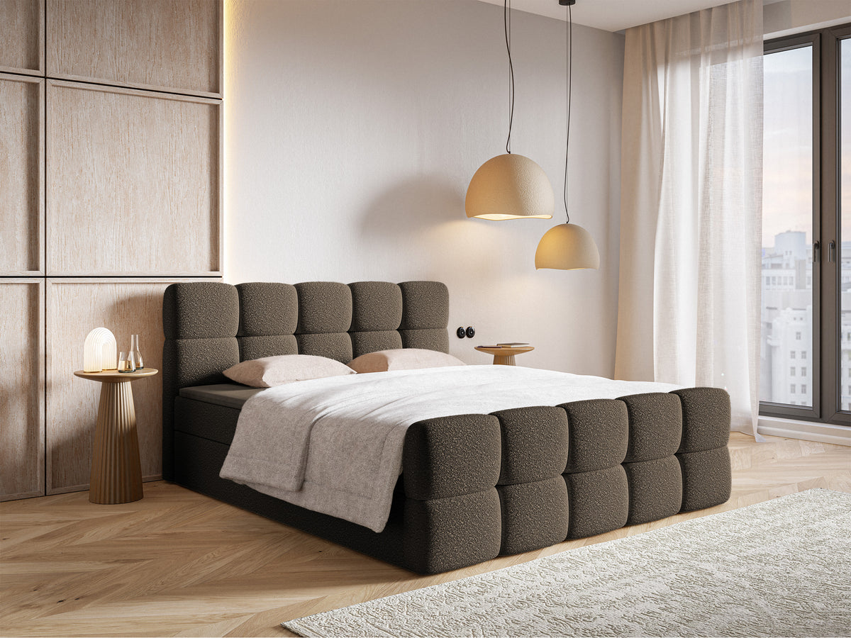 Kontinentalbett 160x200 cm Cloudy mit Stauraum und Topper, braunes Bouclé