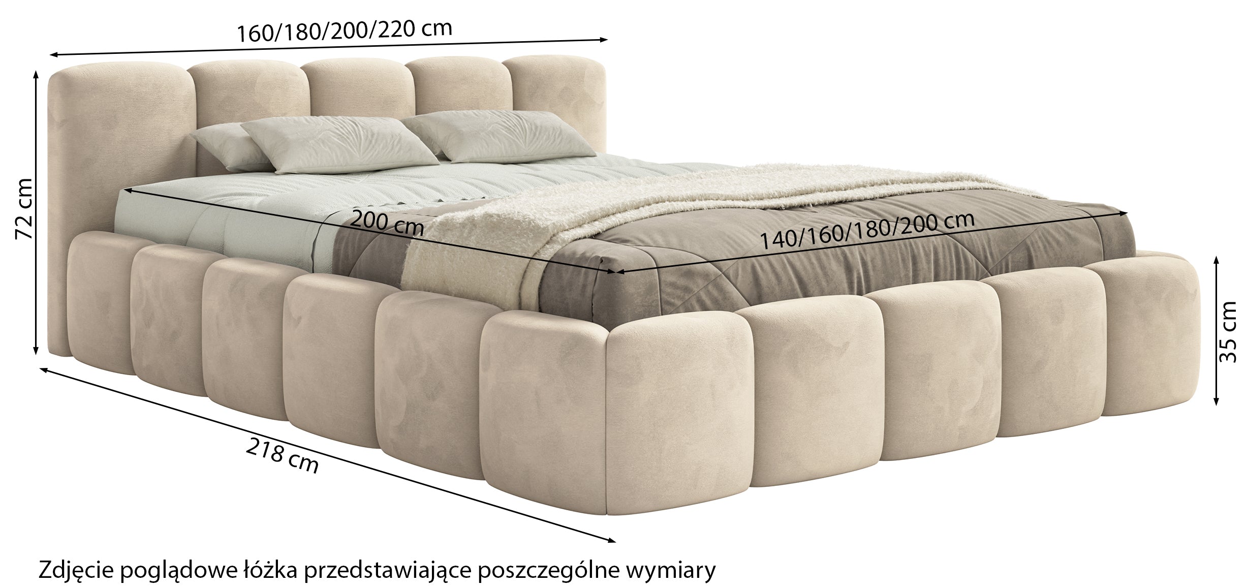 Polsterbett 200x200 cm Cloudy Low mit Stauraum, hellbeiger Velours, wasserabweisend, pflegeleicht, Metallrahmen