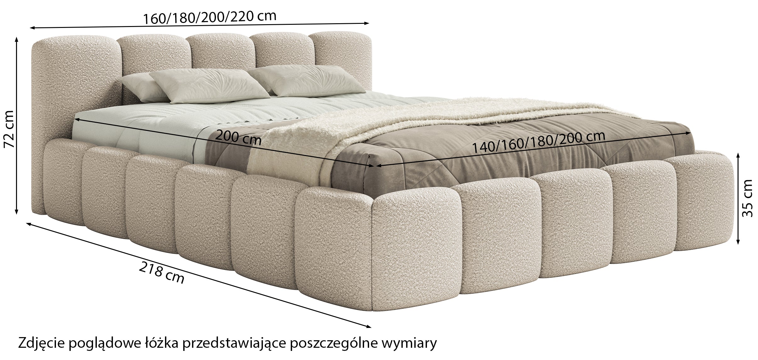 Polsterbett 160x200 cm Cloudy Low mit Stauraum, hellbeige Bouclé, Metallrahmen