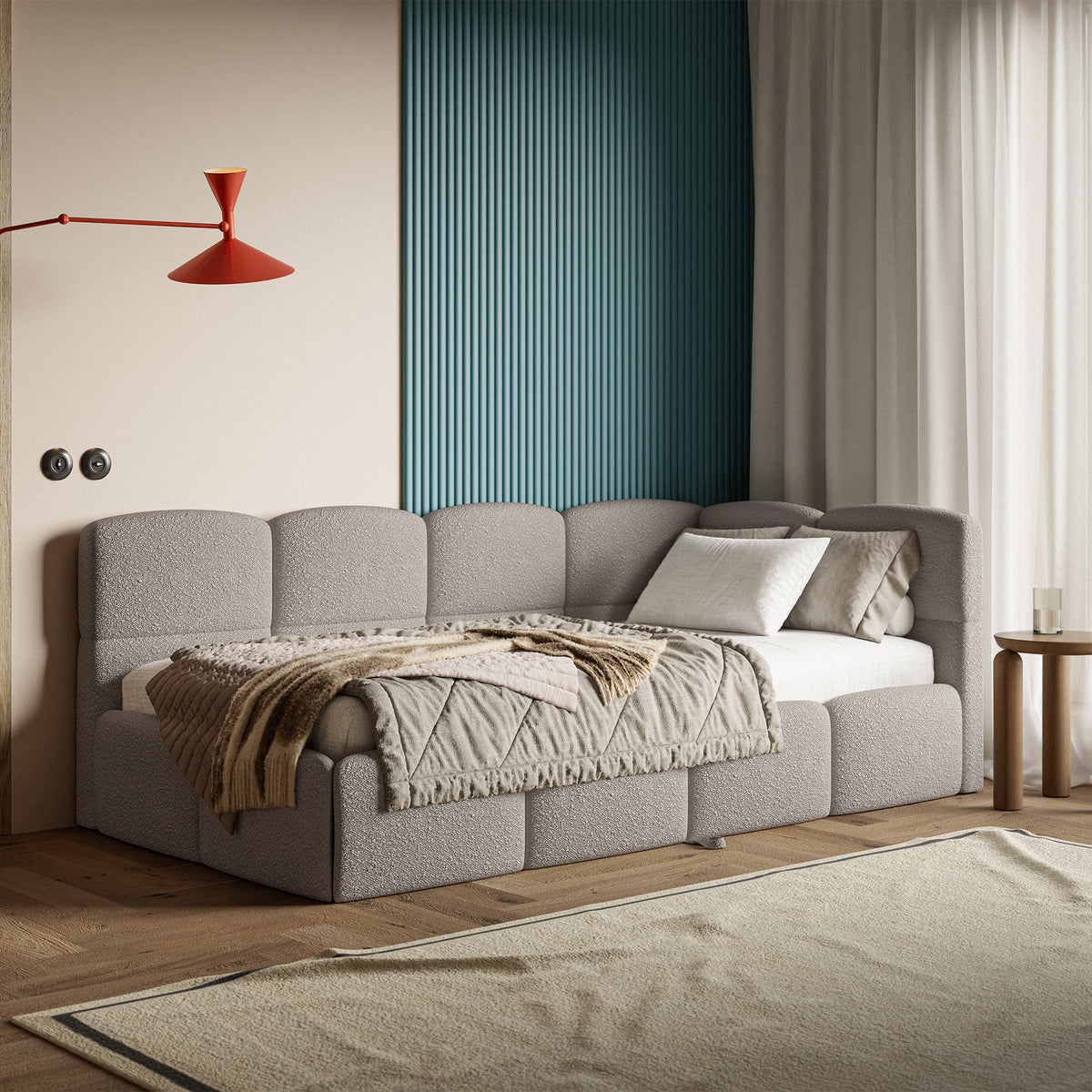 Lit gigogne 90x200 cm Cloudy à droite avec matelas en bouclé gris clair