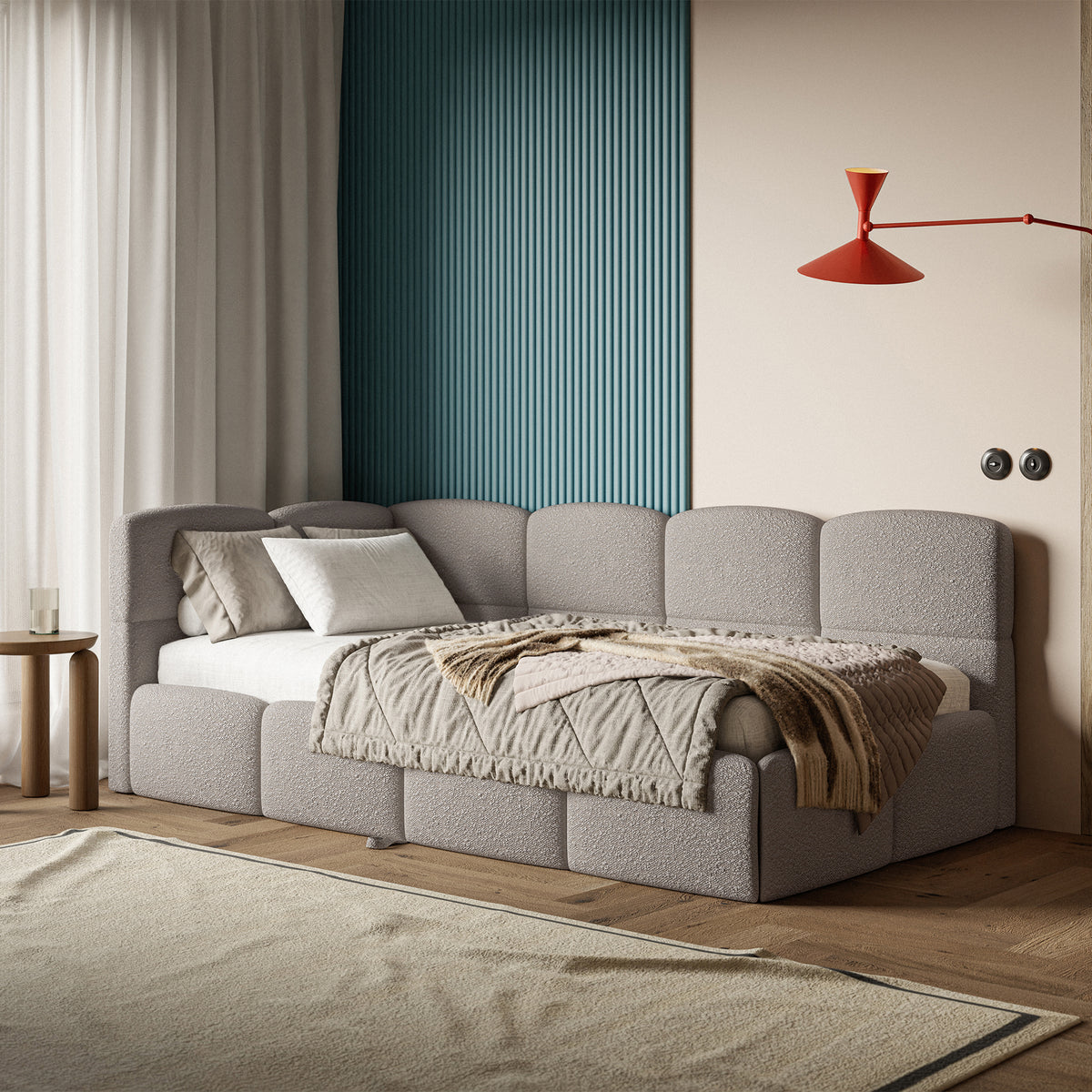 Lit pour adolescent 90x200 cm Cloudy escamotable gauche avec matelas en boucle gris clair