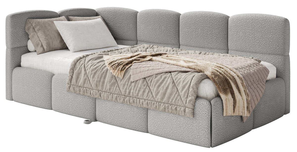 Lit junior 90x200 cm Cloudy avec tiroir coulissant gauche et matelas, bouclé gris