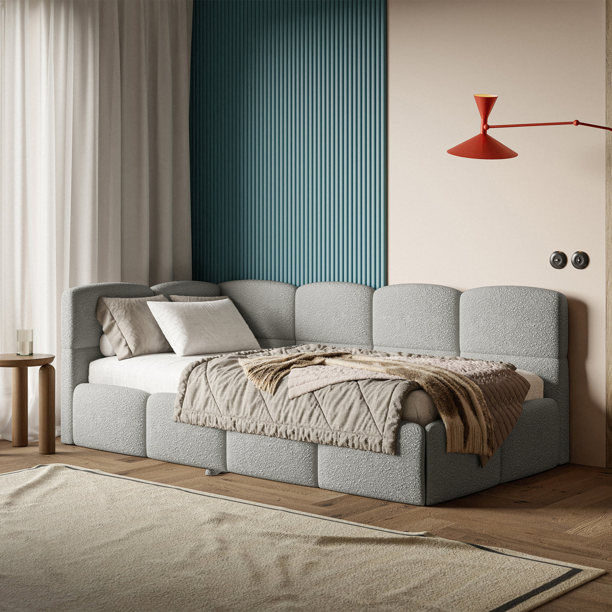 Lit junior 90x200 cm Cloudy avec tiroir coulissant gauche et matelas, bouclé gris