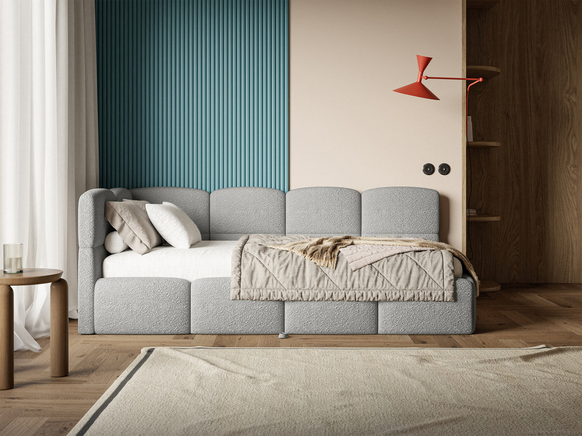 Lit junior 90x200 cm Cloudy avec tiroir coulissant gauche et matelas, bouclé gris