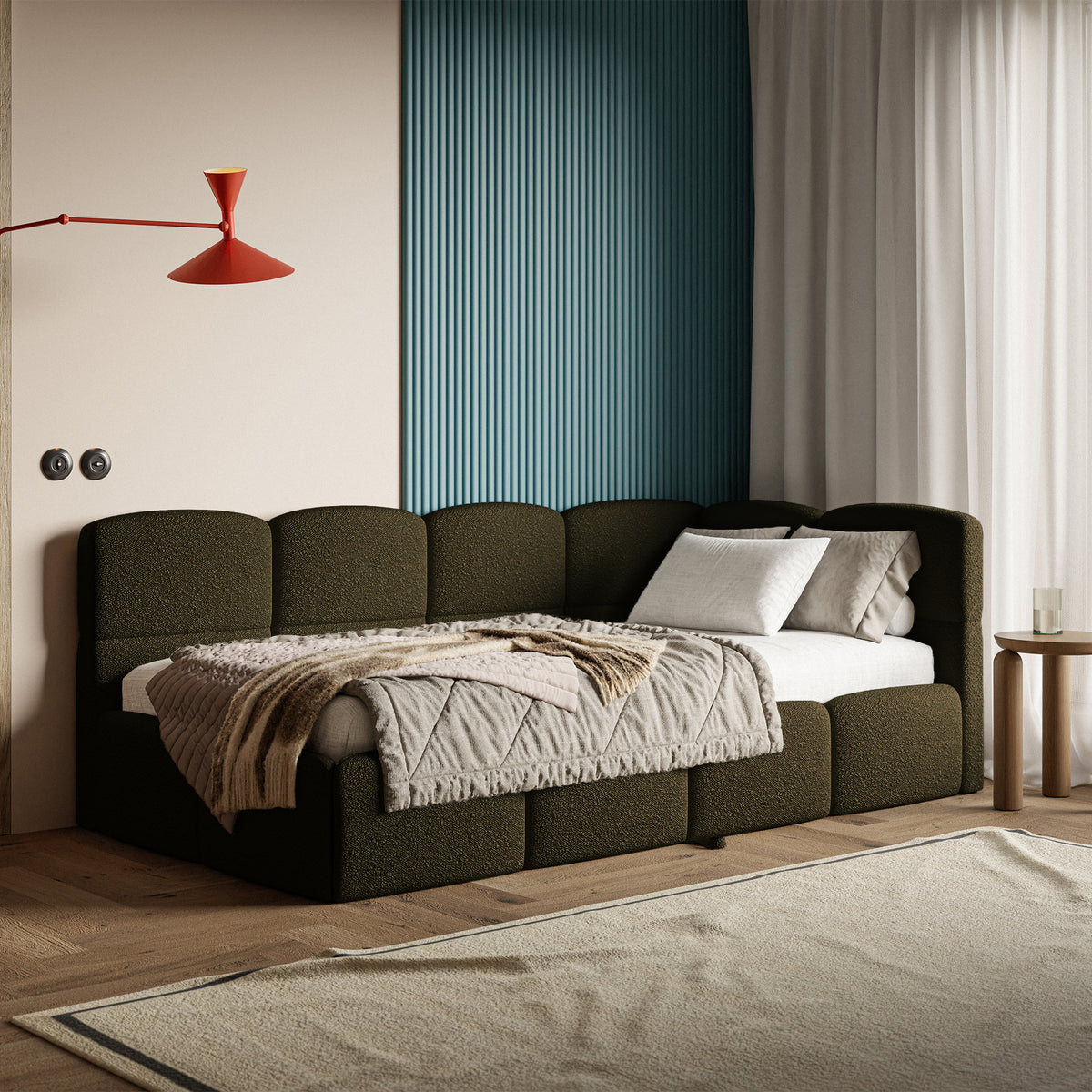 Lit junior 90x200 cm Cloudy tiroir droit avec matelas bouclé olive