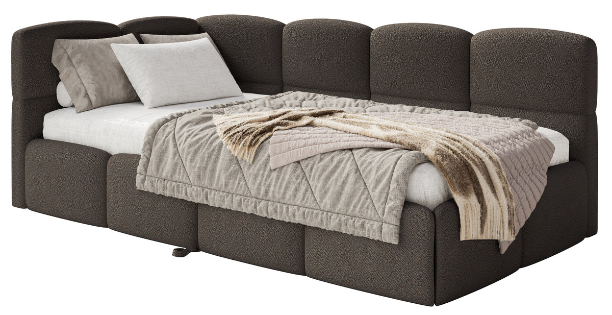 Lit pour adolescent 90x200 cm Cloudy avec tiroir coulissant à gauche, matelas inclus, bouclé marron