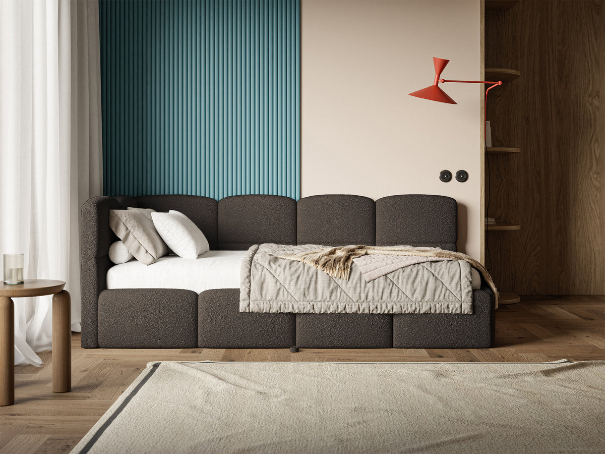 Lit pour adolescent 90x200 cm Cloudy avec tiroir coulissant à gauche, matelas inclus, bouclé marron