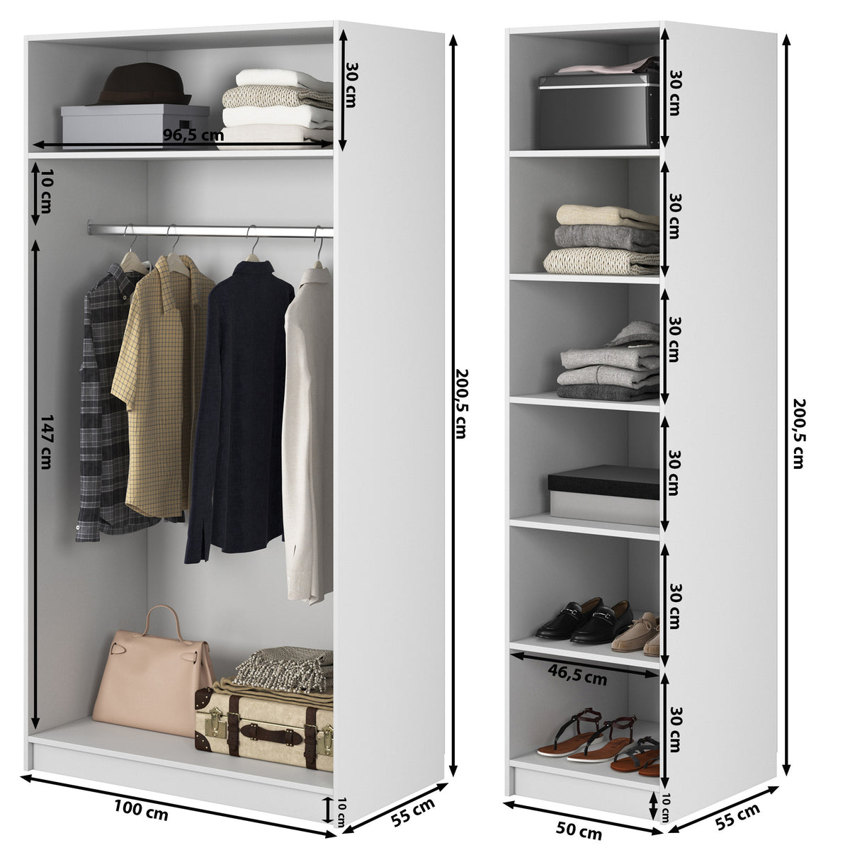 Armoire trois portes Frame avec tringle longue et sept étagères 150 cm Gris beige