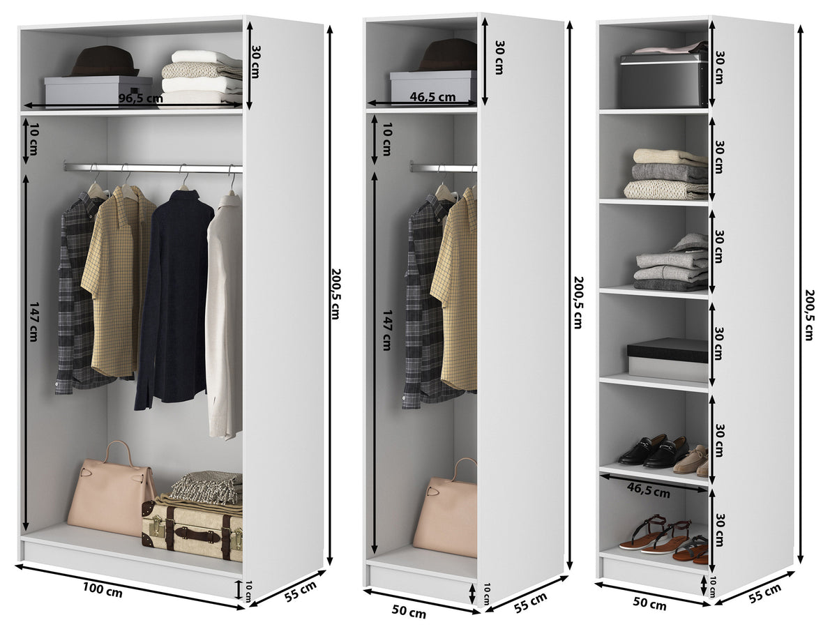 Vier­türiger Frame-Kleiderschrank mit zwei Kleiderstangen und Regalen, 200 cm, Schwarz
