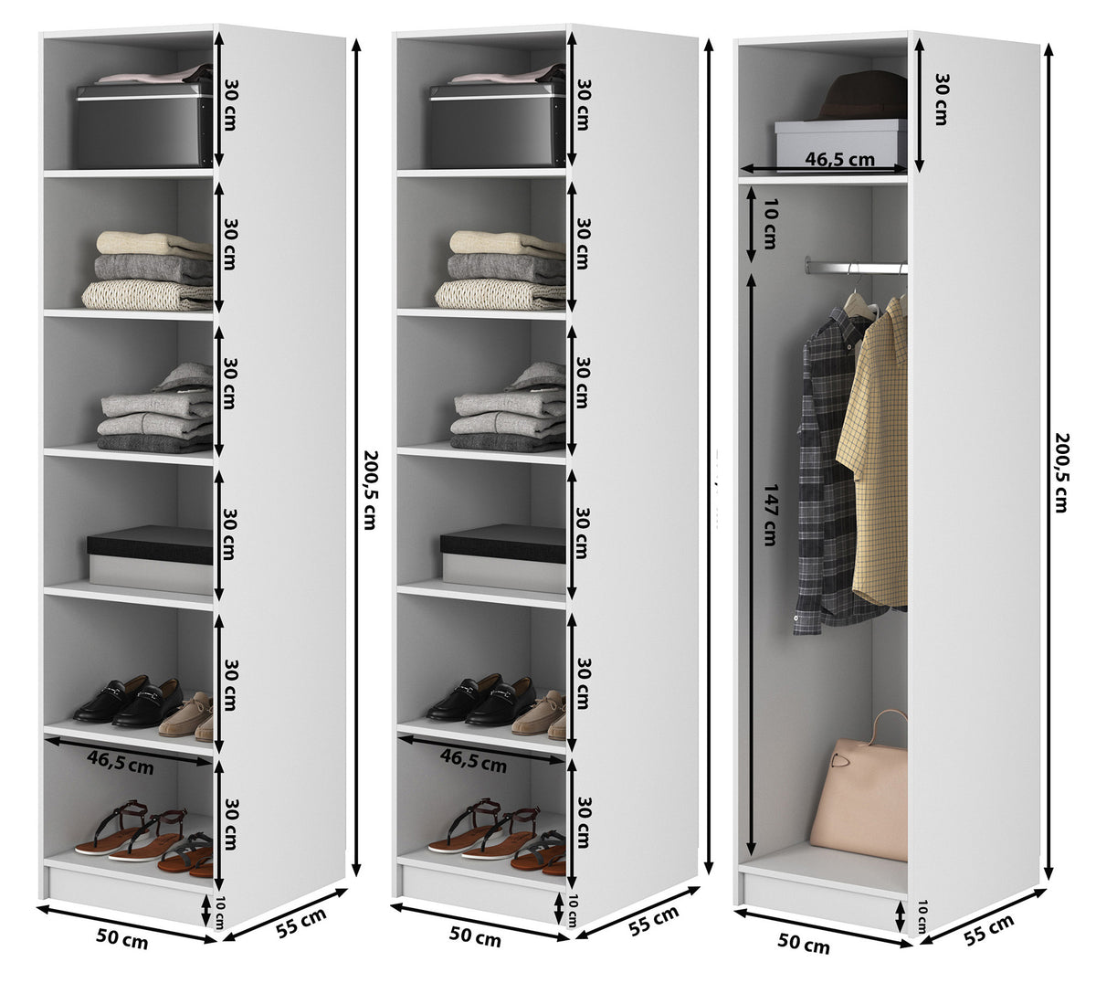 Armoire trois portes Moonir avec tringle et étagères 150 cm Noire