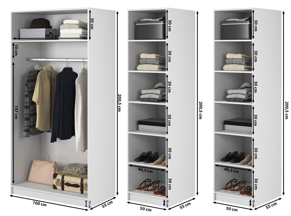 Vier­türiger Frame-Kleiderschrank mit Kleiderstange und Regalen, 200 cm, Grau-Beige