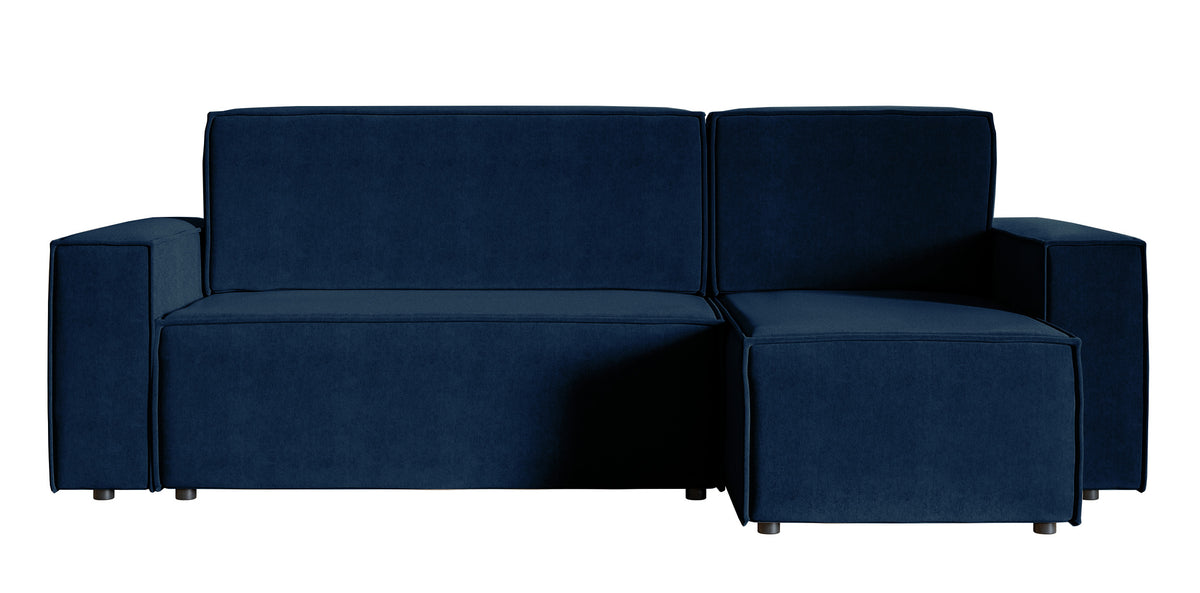 Canapé d'angle convertible Copertino en L avec coffre de rangement, universel, velours hydrofuge bleu marine