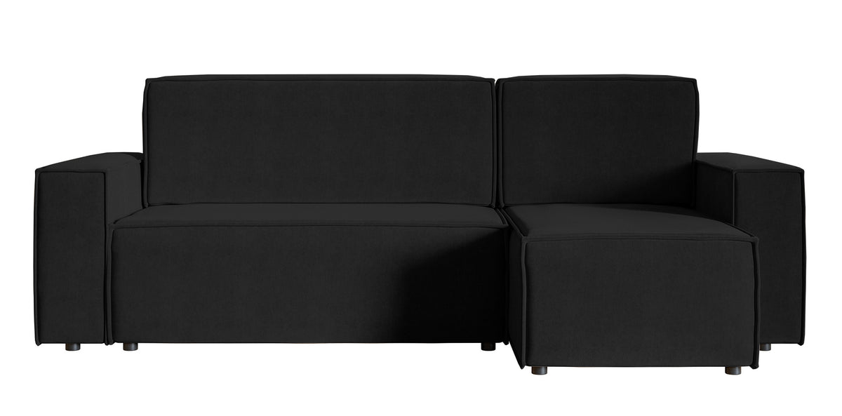 Canapé d'angle convertible Copertino en L avec coffre, universel, velours hydrofuge noir