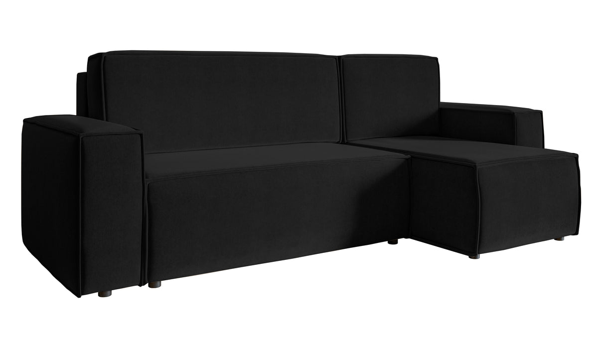 Canapé d'angle convertible Copertino en L avec coffre, universel, velours hydrofuge noir