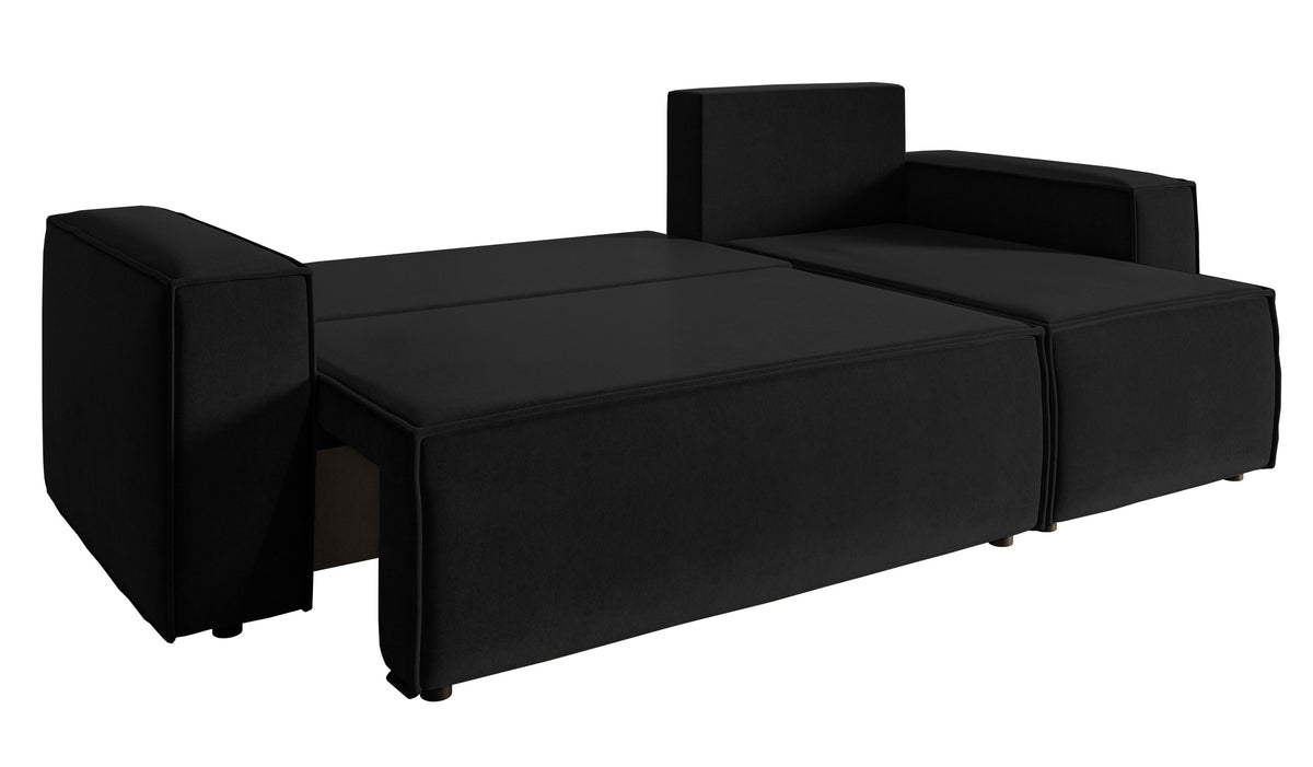Canapé d'angle convertible Copertino en L avec coffre, universel, velours hydrofuge noir