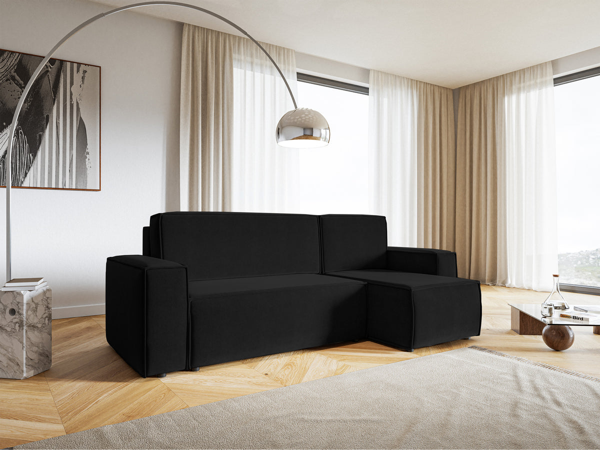 Canapé d'angle convertible Copertino en L avec coffre, universel, velours hydrofuge noir