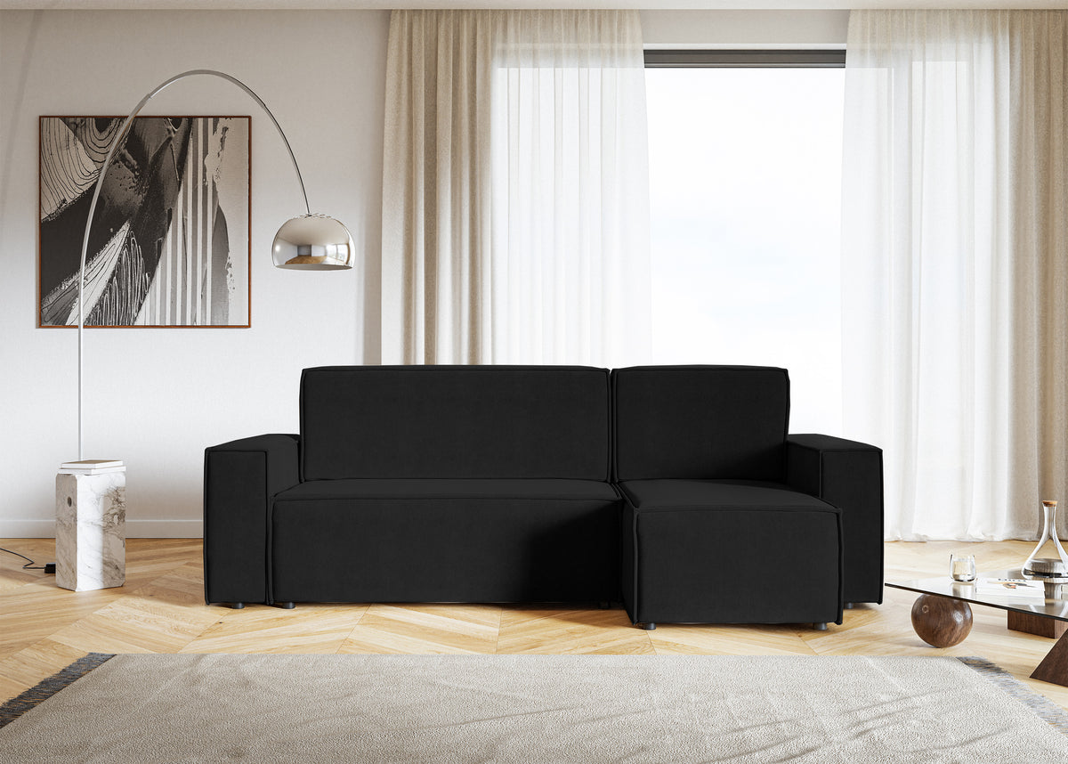 Canapé d'angle convertible Copertino en L avec coffre, universel, velours hydrofuge noir