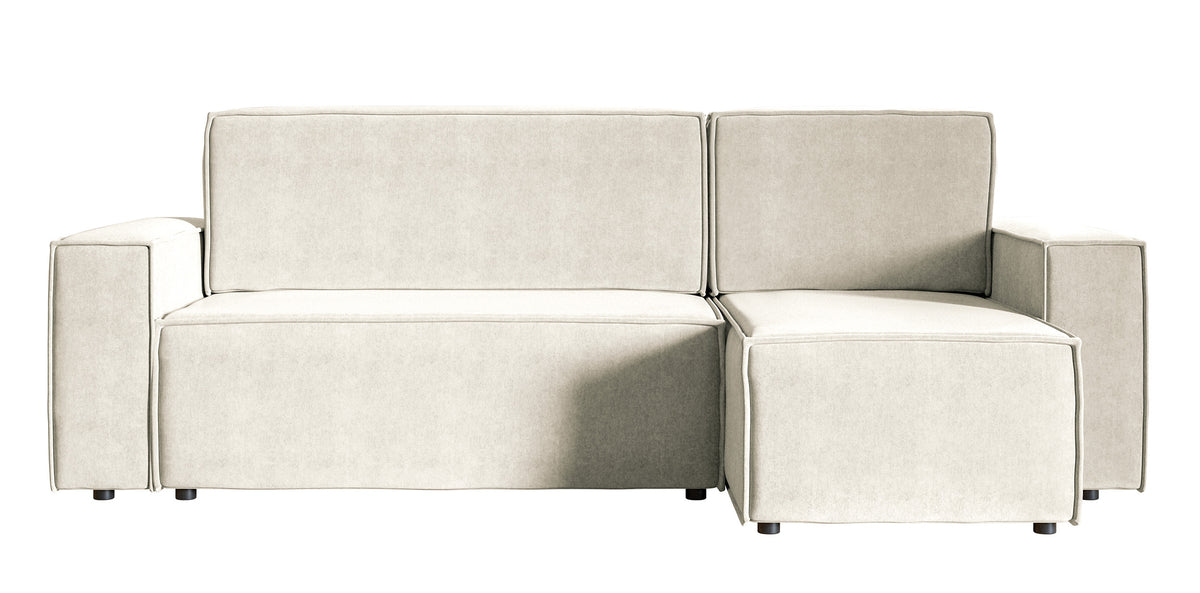 Ecksofa mit Schlaffunktion Copertino, L-förmig, mit Stauraum, universell, hellbeiger hydrophober Samtstoff