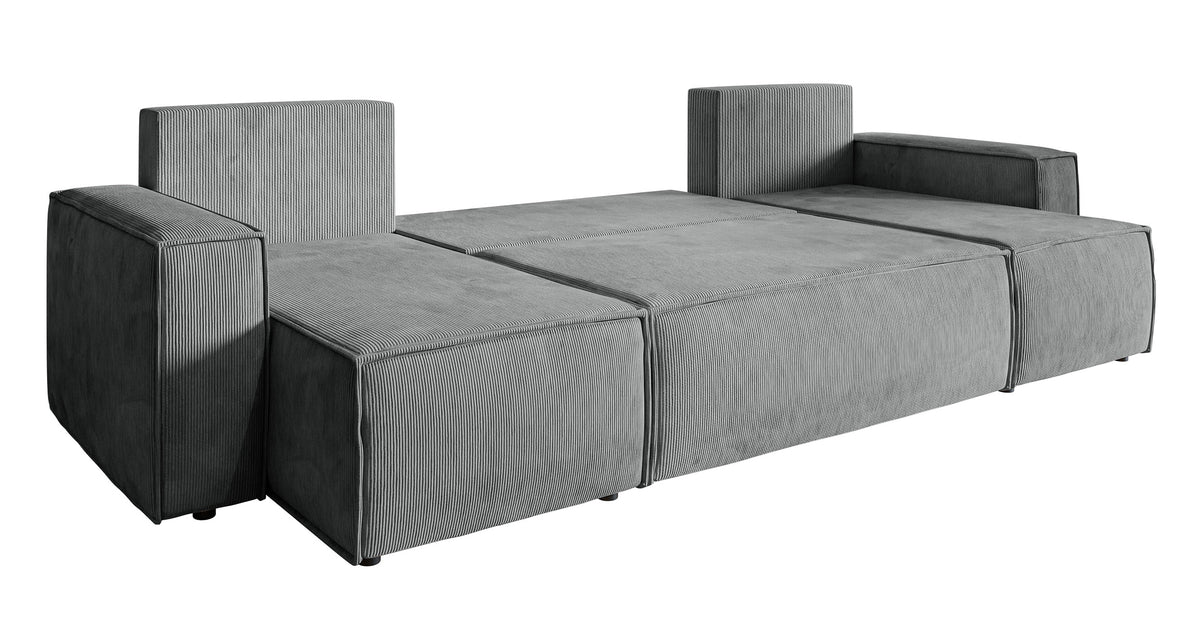 Canapé d’angle convertible Copertino en U avec coffre, universel, velours côtelé gris clair