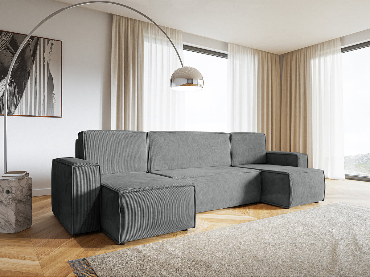 Canapé d’angle convertible Copertino en U avec coffre, universel, velours côtelé gris clair
